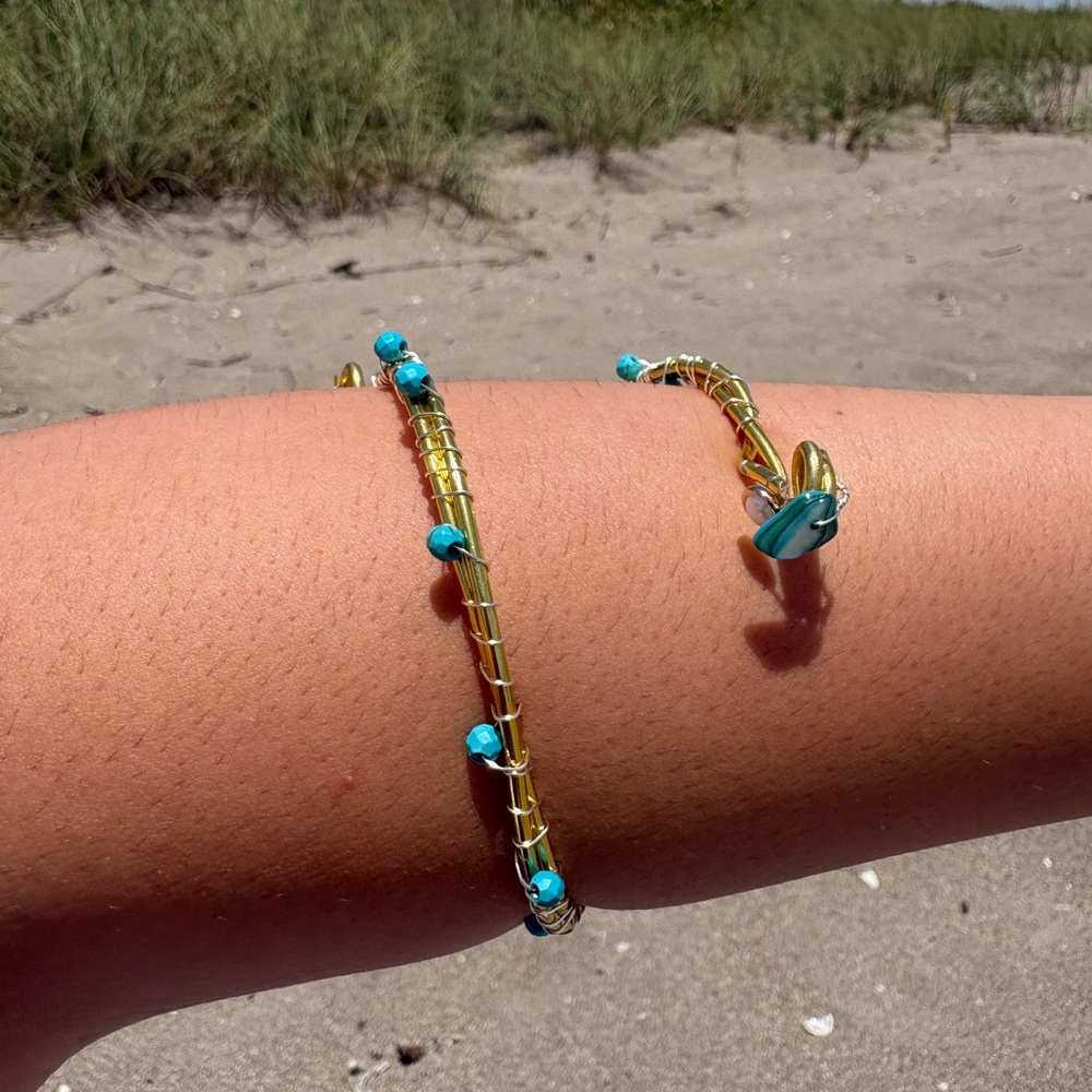Gold and Turquoise Wire Bracelet Set